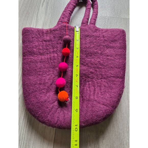 Handcrafted Wool Felt Tote Bag With Pom-Pom Accents - Purple - Picture 4 of 5